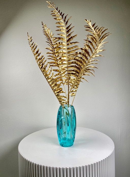 1950S Sklo Union Aquamarine Blue 'Lens' Glass Vase / Flower Pot, Design By Rudolf Schrotter 