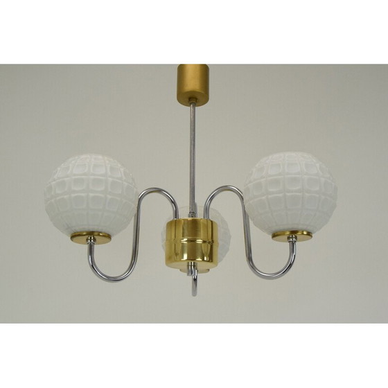 Image 1 of Lampadario vintage in vetro, cromo e ottone di Lidokov, Cecoslovacchia, 1960