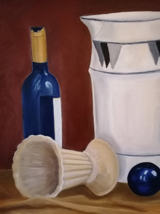 Image 1 of Stilleven met wijnfles en kan, Coby den Ouden