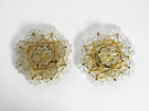 Two Very Rare 1970S Brass Crystal Glass Flower Ceiling Lamps By Ernst Palme