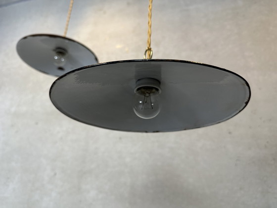 Image 1 of 2X Industrial Pendant Lamps - Green Enamel