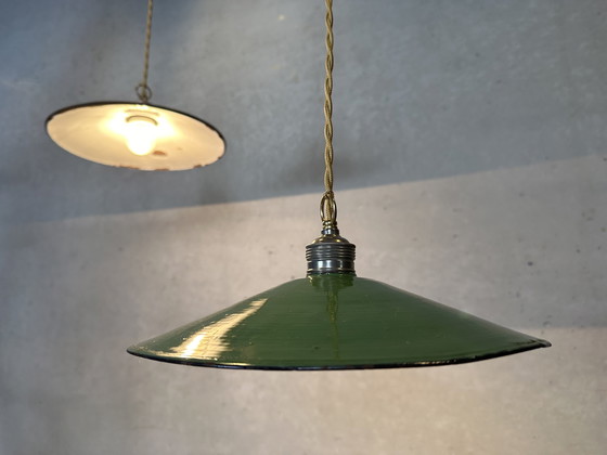 Image 1 of 2X Industrial Pendant Lamps - Green Enamel