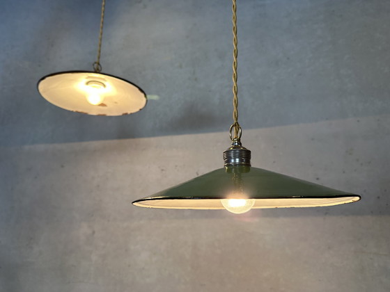 Image 1 of 2X Industrial Pendant Lamps - Green Enamel