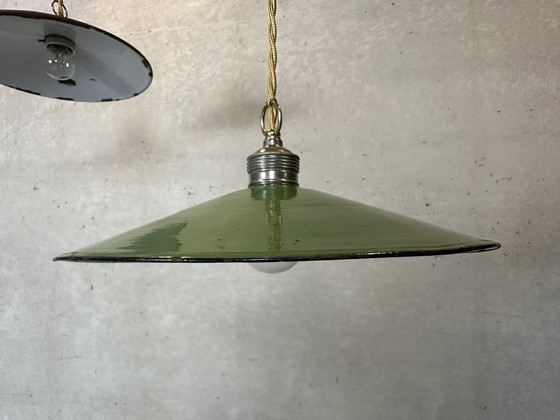 Image 1 of 2X Industrial Pendant Lamps - Green Enamel