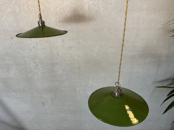 Image 1 of 2X Industrial Pendant Lamps - Green Enamel