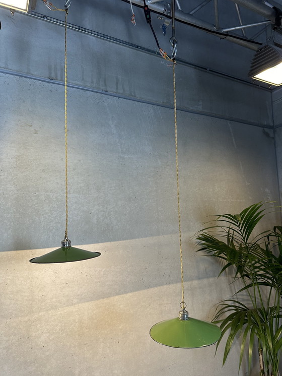 Image 1 of 2X Industrial Pendant Lamps - Green Enamel