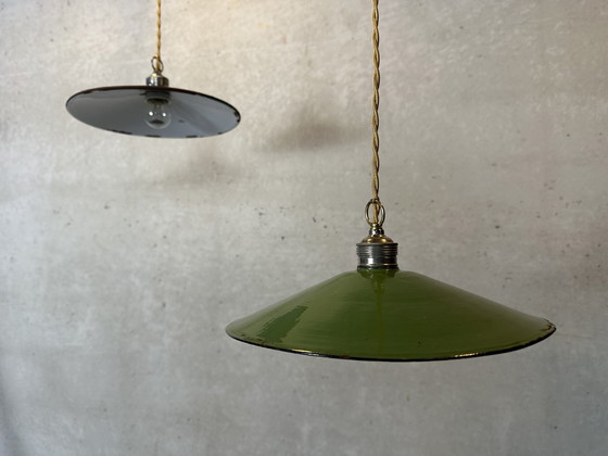 Image 1 of 2X Industrial Pendant Lamps - Green Enamel