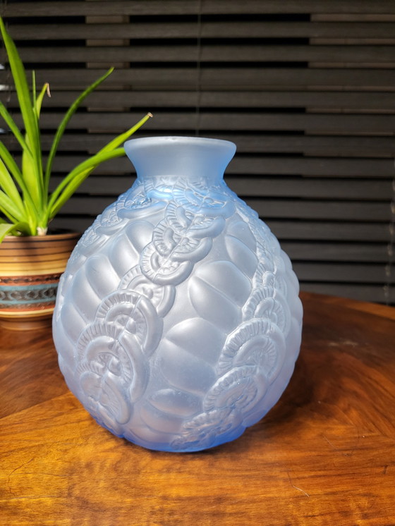 Image 1 of Art deco vase in frosted blue pressed glass with floral decor and wavy pattern, France, 1930s