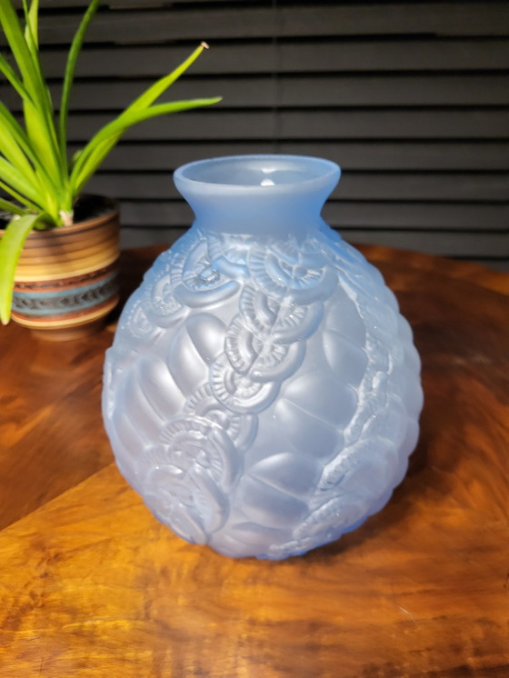 Image 1 of Art deco vase in frosted blue pressed glass with floral decor and wavy pattern, France, 1930s