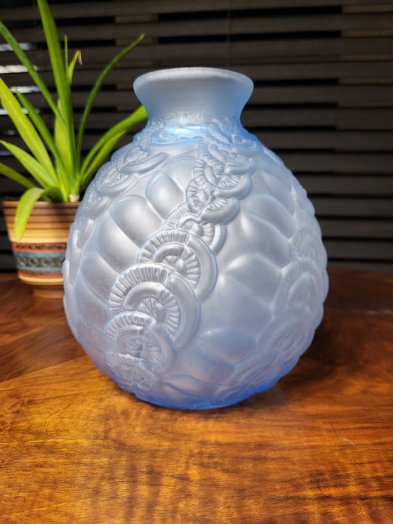 Image 1 of Art deco vase in frosted blue pressed glass with floral decor and wavy pattern, France, 1930s