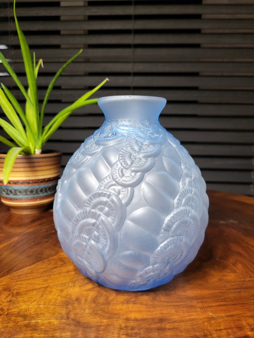 Art deco vase in frosted blue pressed glass with floral decor and wavy pattern, France, 1930s