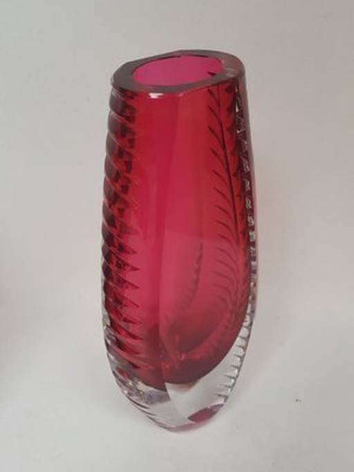 Hand-Cut Crystal Glass Vase In Pink By Beyer & Co., 1960S