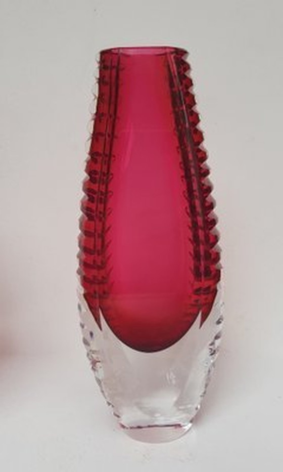 Image 1 of Hand-Cut Crystal Glass Vase In Pink By Beyer & Co., 1960S