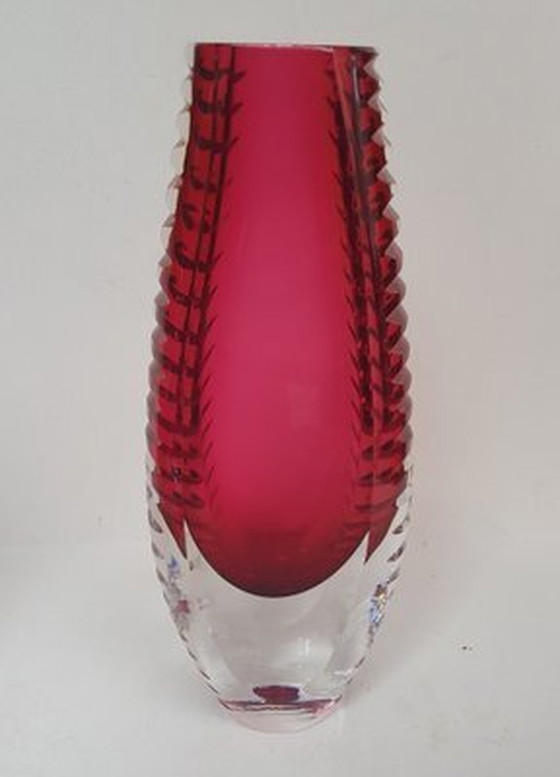 Image 1 of Hand-Cut Crystal Glass Vase In Pink By Beyer & Co., 1960S