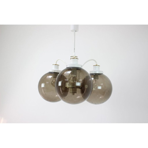 Vintage chandelier in smoked glass, lacquered metal and brass by Drukov, Czechoslovakia 1970