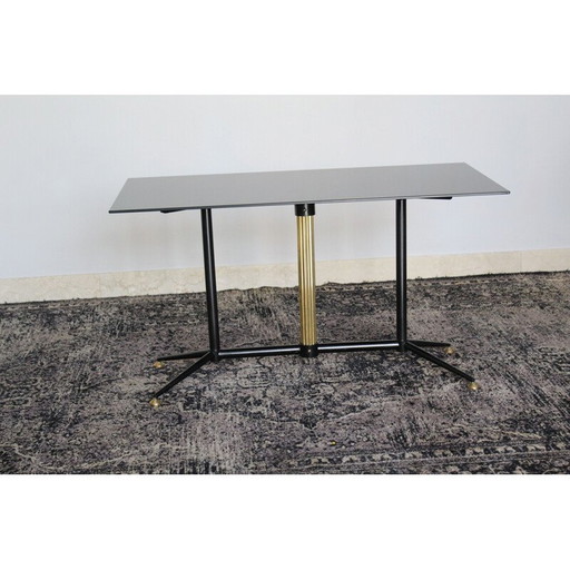 Vintage coffee table in black lacquered glass with brass and iron, Italy 1950