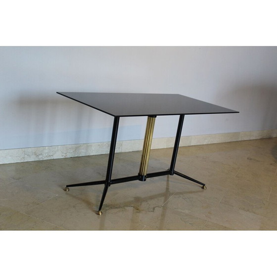 Image 1 of Tavolino da caffè vintage in vetro laccato nero con ottone e ferro, Italia 1950