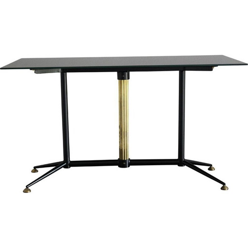 Vintage coffee table in black lacquered glass with brass and iron, Italy 1950