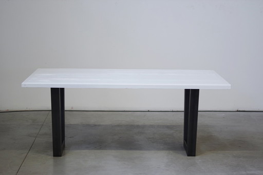 Handcrafted White Lacquered Brushed Fir Table With Iron Legs, 2020