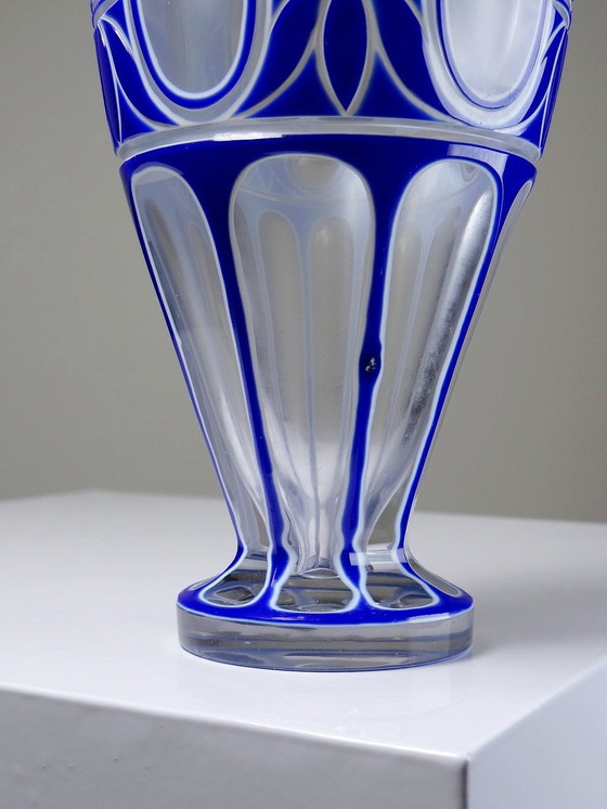 Image 1 of Rare Small "Overlay" Cut Crystal Baluster Vase Antique Blue And White Enamel