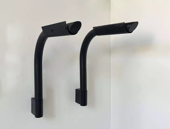 Image 1 of 2X Black And Perforated Tubular Metal Wall Lights By Parscot, France 1980