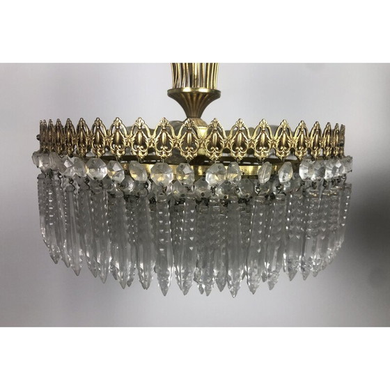 Image 1 of Lampadario vintage a forma di corona in ottone dorato e cristallo, 1970