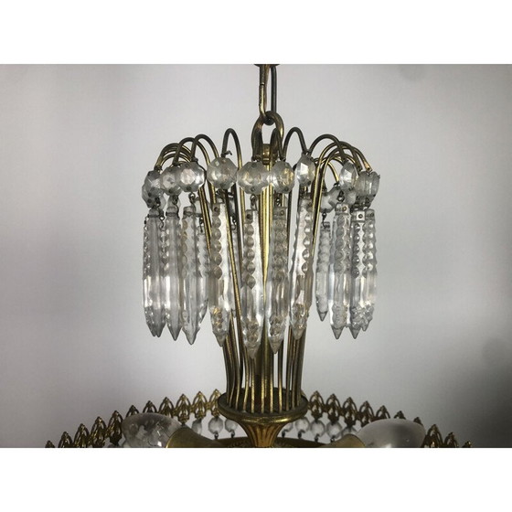 Image 1 of Lampadario vintage a forma di corona in ottone dorato e cristallo, 1970