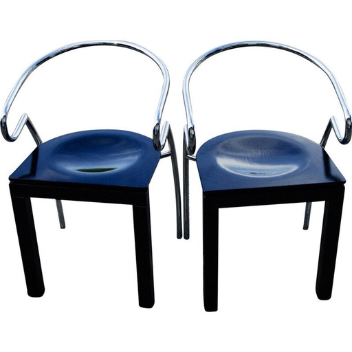 Pair of vintage Space Age chairs in chromed steel and lacquered beech, 1980
