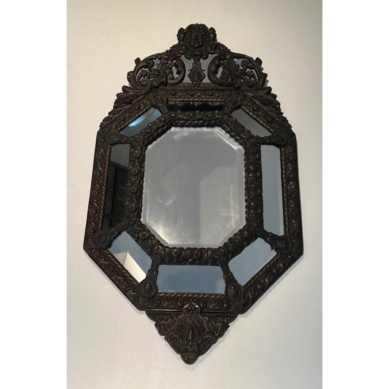 Image 1 of Vintage repoussé copper mirror with flower garland decoration