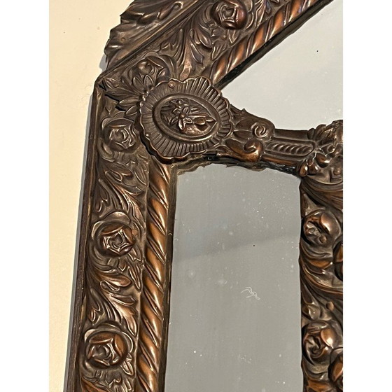 Image 1 of Vintage repoussé copper mirror with flower garland decoration