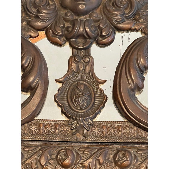 Image 1 of Vintage repoussé copper mirror with flower garland decoration