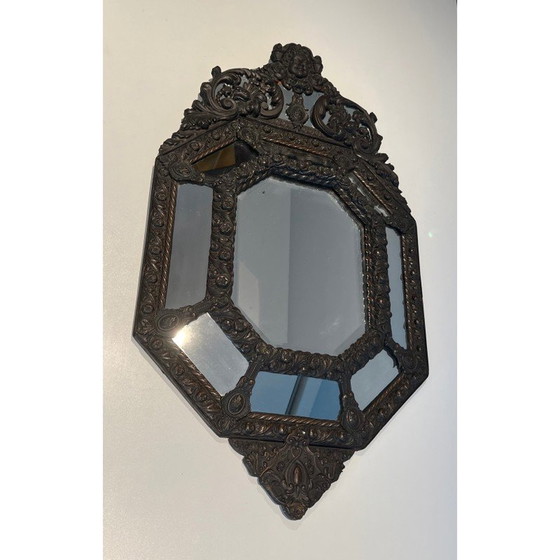Image 1 of Vintage repoussé copper mirror with flower garland decoration