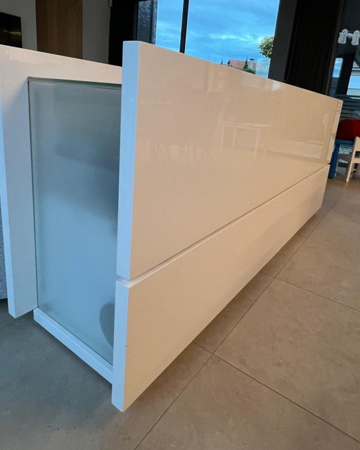 Sideboard Room Divider Corpus Tempered Glass With High Gloss Lacquered White Finish