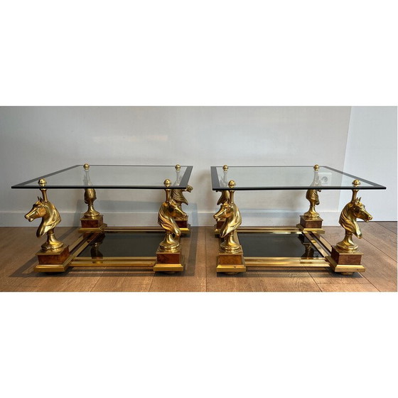Image 1 of Pair of vintage brass square side tables with brass horse heads by Maison Charles, 1970