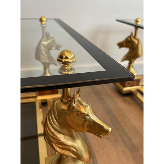 Image 1 of Pair of vintage brass square side tables with brass horse heads by Maison Charles, 1970