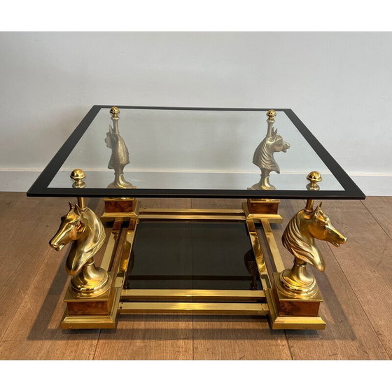 Image 1 of Pair of vintage brass square side tables with brass horse heads by Maison Charles, 1970