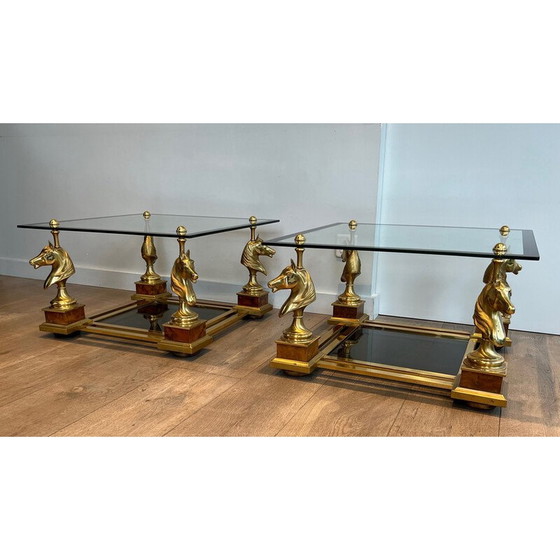 Image 1 of Pair of vintage brass square side tables with brass horse heads by Maison Charles, 1970