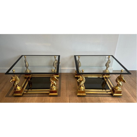 Image 1 of Pair of vintage brass square side tables with brass horse heads by Maison Charles, 1970