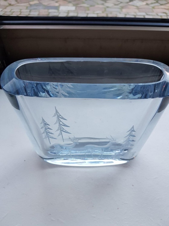 Image 1 of Swedish Ice Blue Glass Vase With Etched Forest Motiv