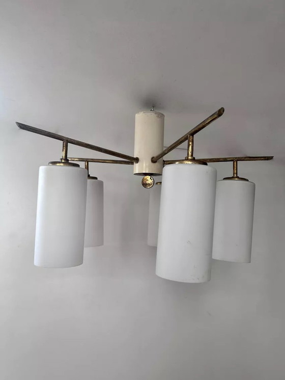 Image 1 of Lampada da soffitto italiana d'epoca, ottone e opalino, 1950