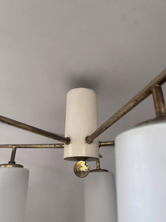 Image 1 of Lampada da soffitto italiana d'epoca, ottone e opalino, 1950
