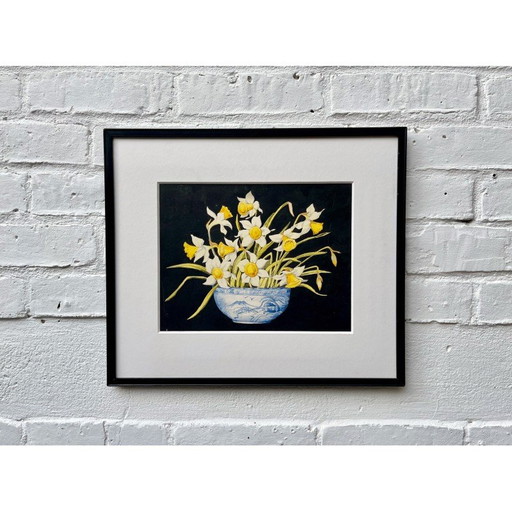 Dipinto d'epoca di natura morta con narcisi, 1920