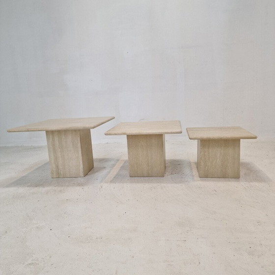 Image 1 of Set of 3 vintage travertine coffee tables, Italy 1980