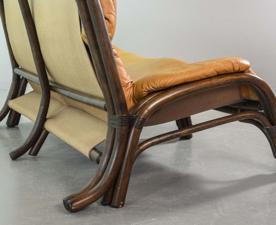 Image 1 of Brutalist Bentwood Loveseat Bamboo Sofa and Lounge Chair with Caramel Leather Upholstery, 1960s. 