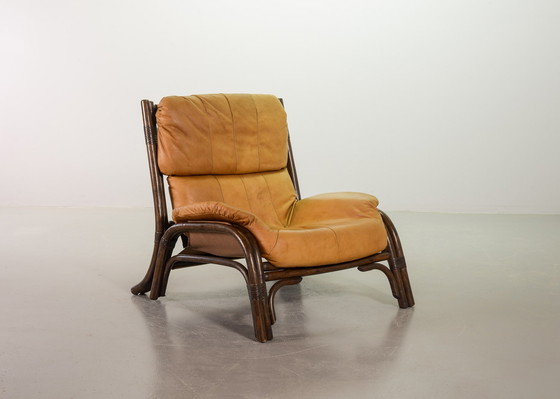 Image 1 of Brutalist Bentwood Loveseat Bamboo Sofa and Lounge Chair with Caramel Leather Upholstery, 1960s. 