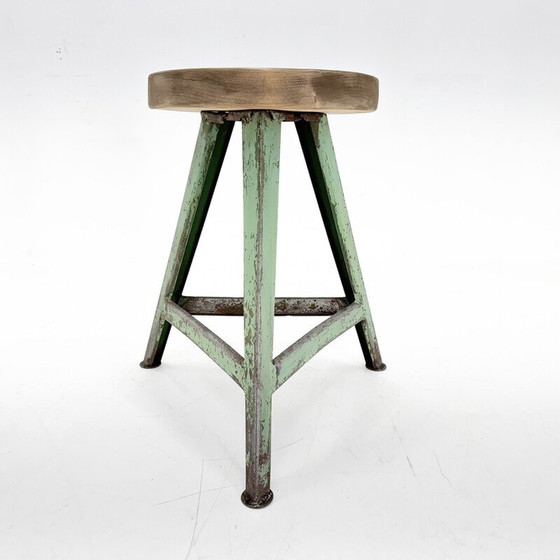 Image 1 of Vintage industrial stool in steel and wood, Czechoslovakia 1950
