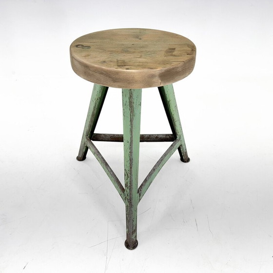 Image 1 of Vintage industrial stool in steel and wood, Czechoslovakia 1950