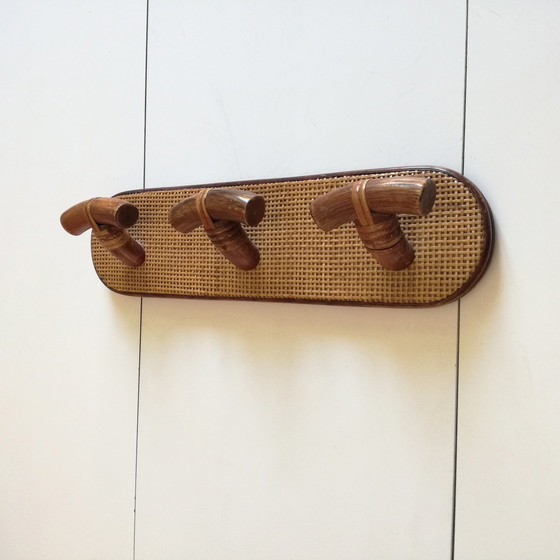 Image 1 of Coat rack with 3 coat hooks in wicker and rattan