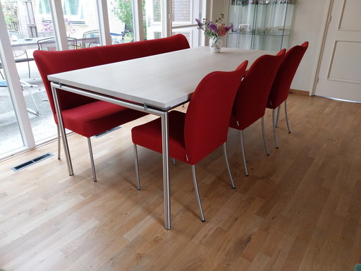 Bert Plantagie oak table with polished round steel legs