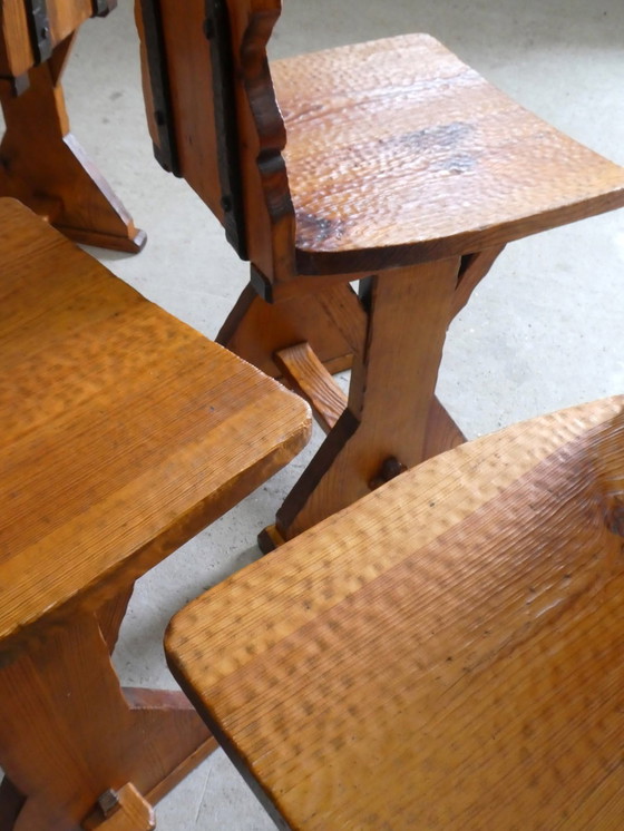 Image 1 of Series Of 9 Gouge-Worked Pine Chairs, 1970